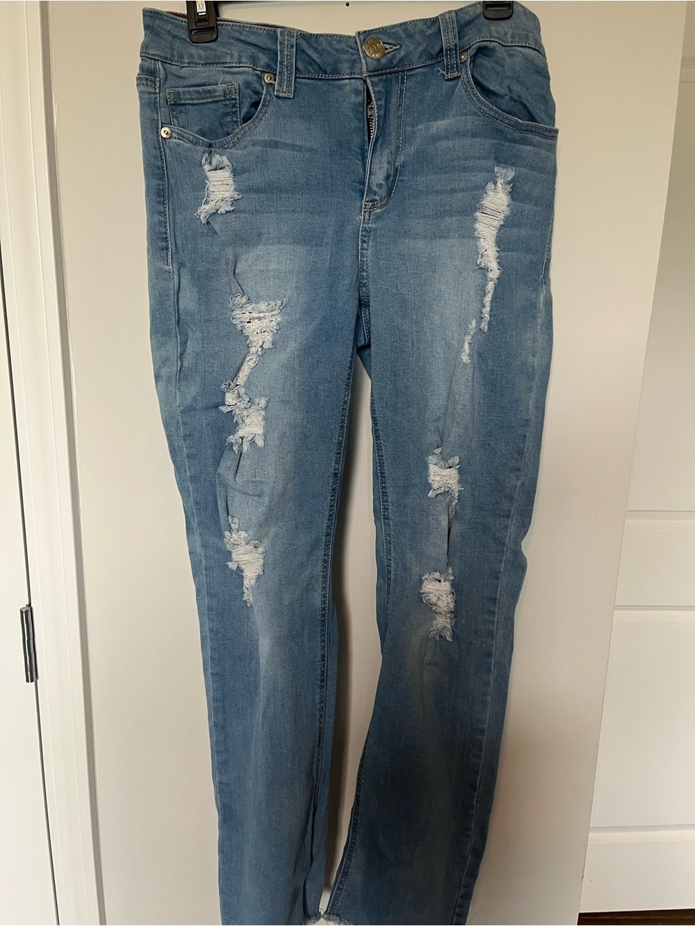 Seven7 Light Blue Distressed Straight Leg Jeans